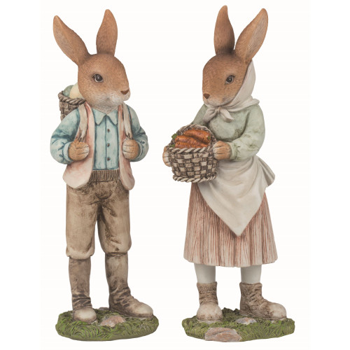 Set of 2 Brown and Green Easter Busy Bunnies Standing Statuettes 10.75"