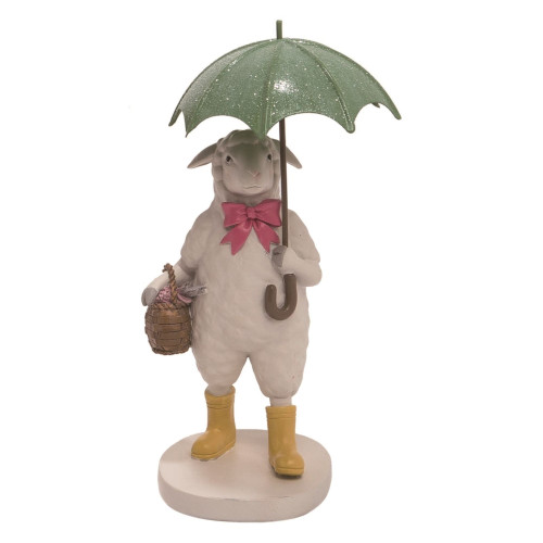 8" White and Green Easter Lamb with Umbrella Figurine