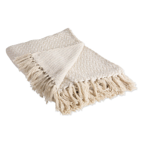 Beige and White Rectangular with Zig-Zag Pattern Design Throw Blanket 50" x 60"