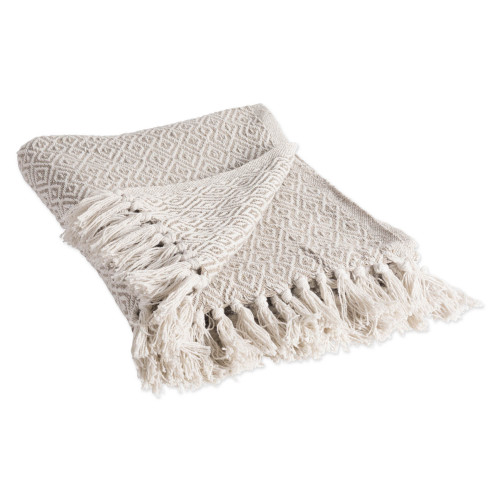 60" Beige Rectangular Diamond Patterned Cotton Throw