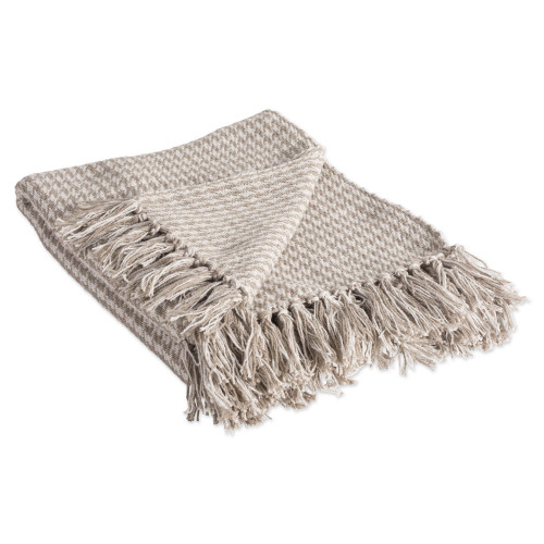 60" Beige and White Rectangular Houndstooth Patterned Cotton Throw