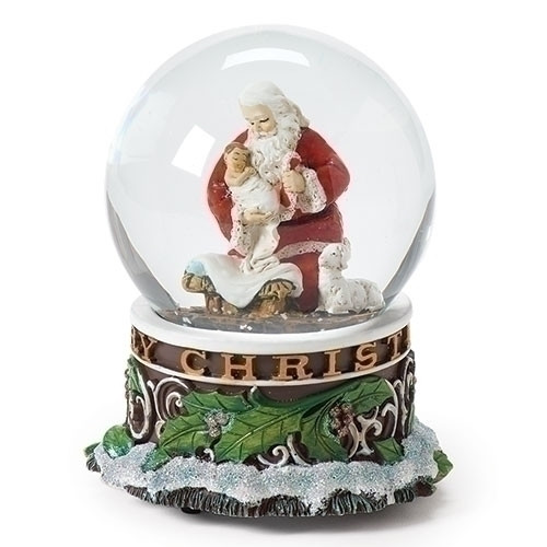 Set of 2 Kneeling Santa with Baby Jesus Musical Christmas Snow Globes 5.5"