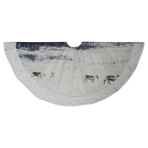 33" Blue And White Reindeer In The Wilderness Velvet Christmas Tree Skirt