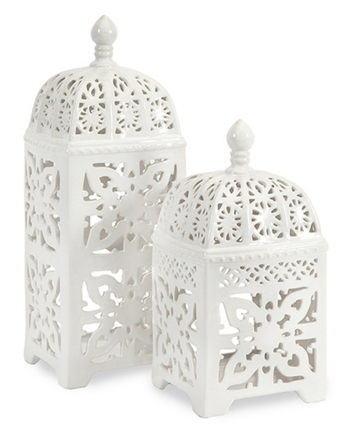 Set of 2 Crisp White Intricate Cutwork Ceramic Pillar Candle Lanterns, 14.25"