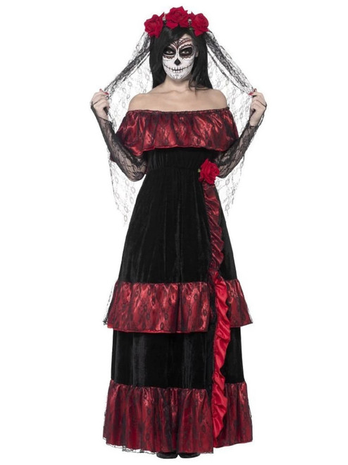 42" Black and Red Day of the Dead Bride Women Adult Halloween Costume - Small