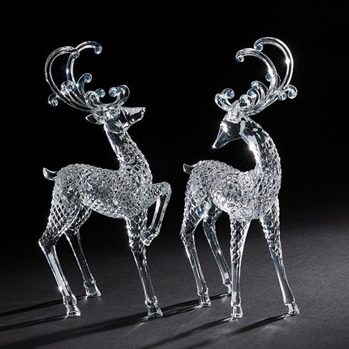 Set of 2 Clear Standing and Trotting Christmas Reindeer Acrylic Figurines 12.5”