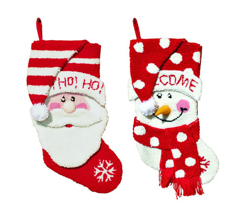 2 Plush Hooked Santa Claus and Snowman Red and White Christmas Stockings 18.5"