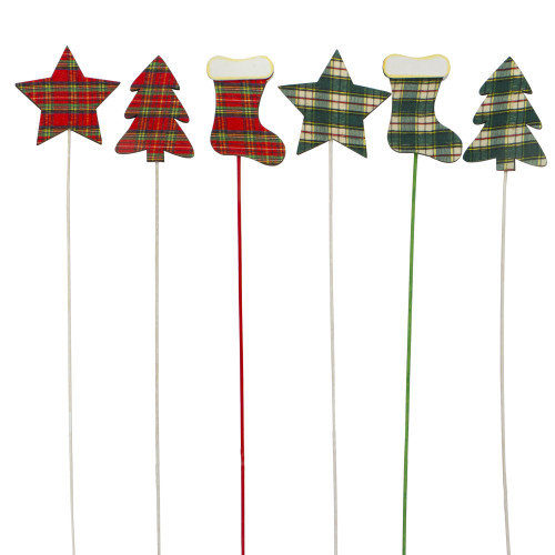 Set of 6 Red and Green Star, Tree and Stocking Plaid Christmas Picks, 20" - 34260337