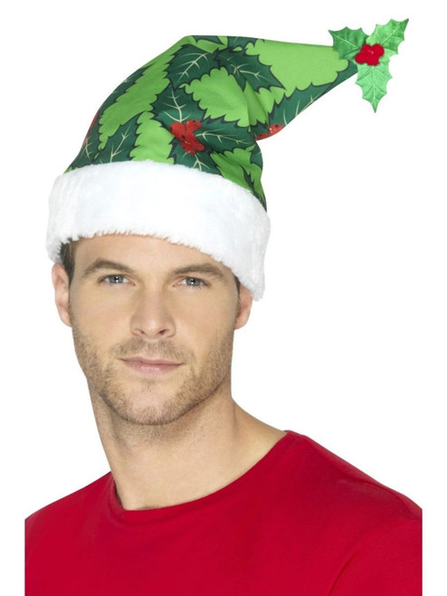 20" Green and White Holly Berry Santa Unisex Adult Christmas Hat Costume Accessory - One Size