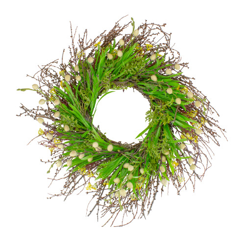 Burrs and Brush Artificial Floral Spring Wreath, Green and Yellow - 18-Inch
