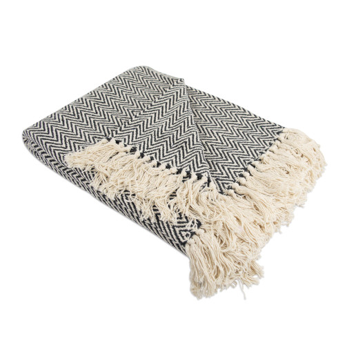 60" Black and White Rectangular Chevron Patterned Handloom Cotton Throw
