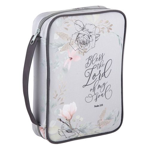 11" Purplish Gray, Pink And Slate Blue "Bless The Lord" Text Inscribed Bible Cover With Floral Design