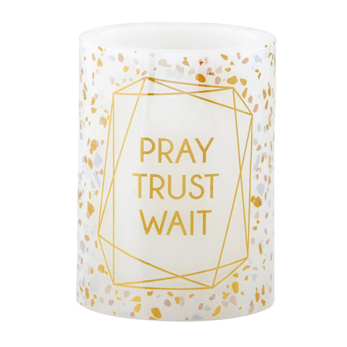 5" Gold, Pink And Sky Blue "Pray Trust Wait" LED Candle With Colorful Confetti Graphics