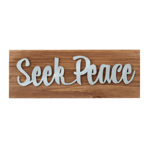 8.5" Brown and Gray Wooden Rectangular Tabletop Plaque with "Seek Peace" Design