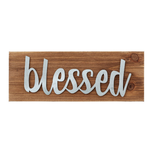 8.5" Brown and Gray Wooden Rectangular Tabletop Plaque with "Blessed" Design
