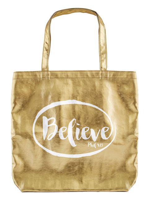 16" Gold And White Cotton "Believe" Text Inscribed Tote Bag