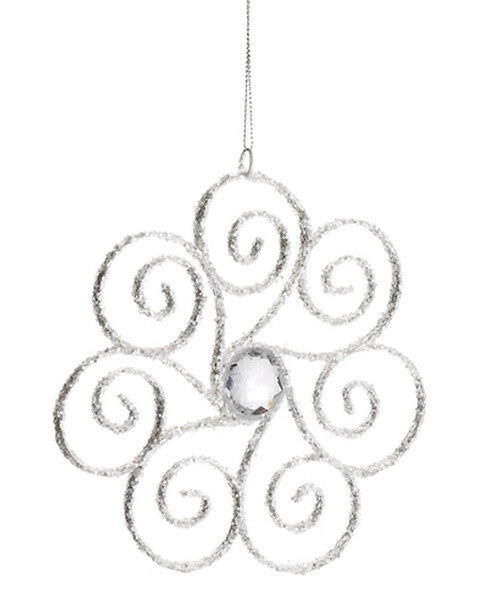 6.25" Winter White Glittered Swirling Snowflake with Jewel Accent Christmas Ornament
