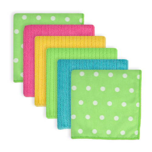 Set of 6 Grassy Green and White Polka Dots Patterned Square Dishtowels 12"