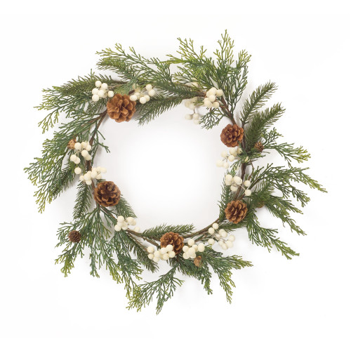 Set of 4 Artificial White Berries,Cones and Pine Plastic Wreath 25"