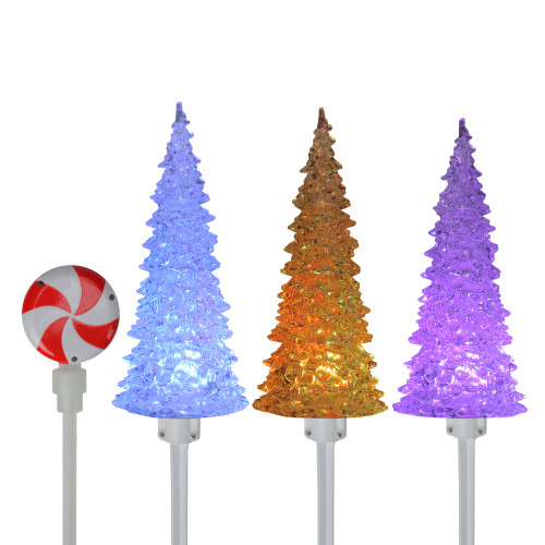 Set of 3 Vibrantly Colored Pre-Lit Musical Christmas Tree Pathway Marker Lawn Stakes 18.9"