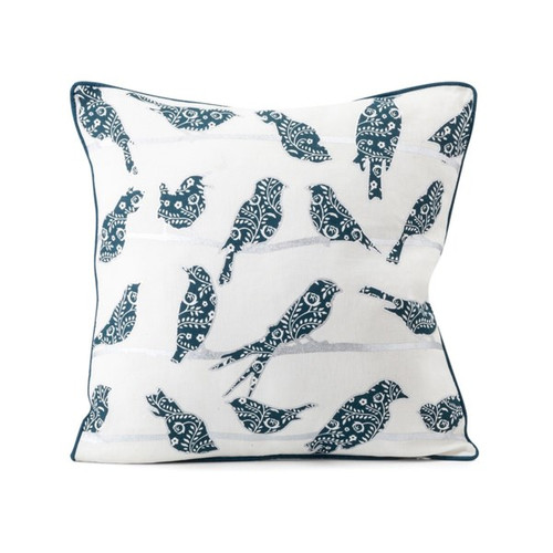 18" Blue and White Bluebird Applique Floral Throw Pillow