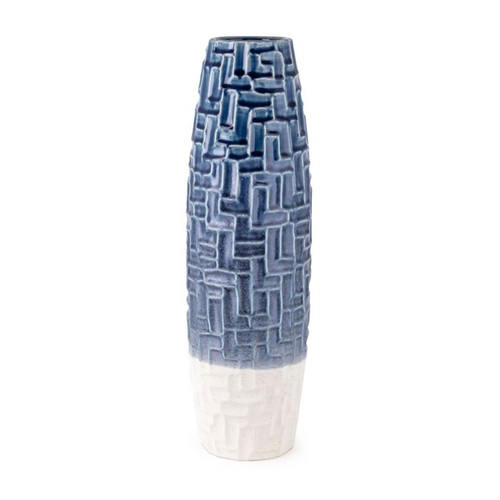 21.25" Blue and White Walker with Geometric Pattern Large Ceramic Vase