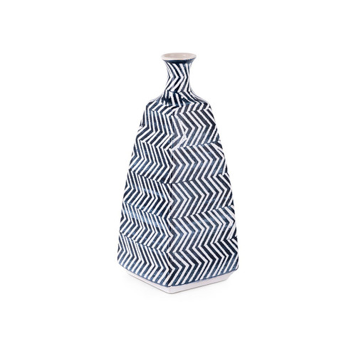 16" Blue and White Herringbone Hand-Painted Medium Vase