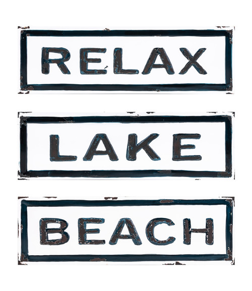 Set of 3 White and Black Distressed Finished Nautical Themed Enamel Signs 24.5"
