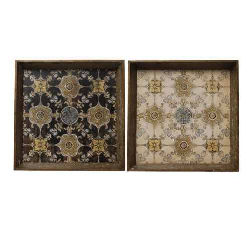 Set of 2 Brown and Gold Classic Vintage Style Square Tray 20"