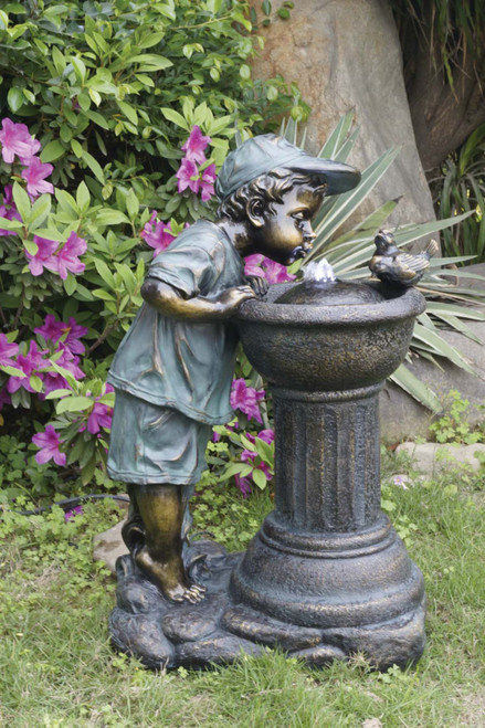 27" Bronze Fountain Boy Drinking from Fountain Finish with LED Lights