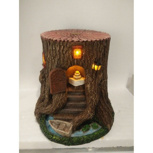 16" Brown and Green Fairy Garden Tree Stump House with Solar Light