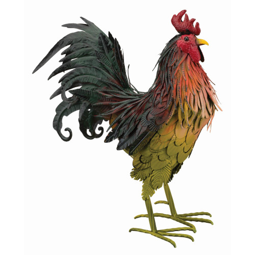 39" Red and Yellow Standing Rooster Outdoor Garden Statue