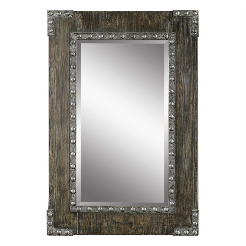 36.5”Rustic Wood Beveled Rectangle Wall Mirror