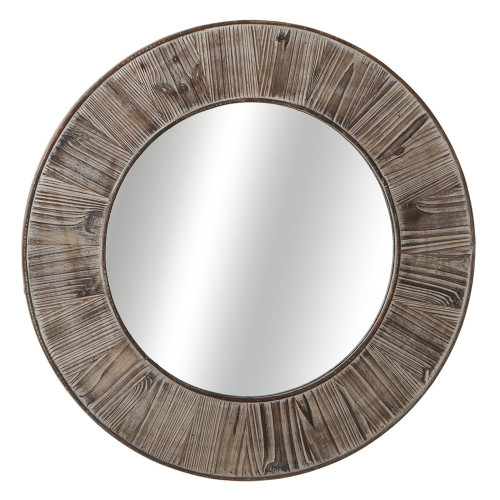 35" Distressed Gray Finish Decorative Wood Themed Round Wall Mirror