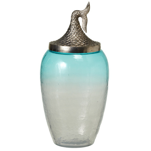 14.25” Transparent Blue Glass Ombre Canister w/ Silver Mermaid Tail Lid - Large
