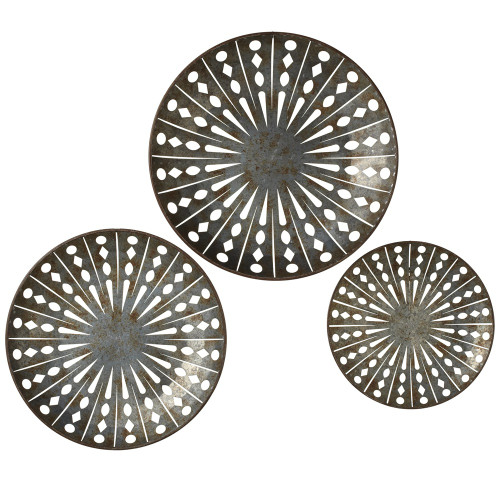 Set of 3 Rustic Faux Rusted Cut-out Galvanized Round Wall Decorations 22.5”-15.25”