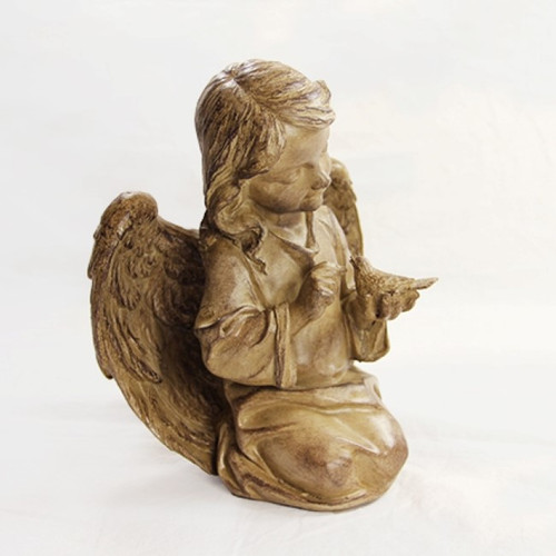 8" Cocoa Colored Religious Outdoor Garden Angel with Bird Figure