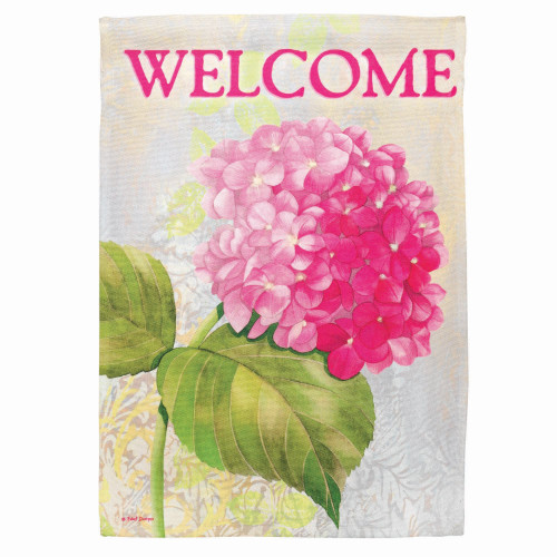 Green and Pink Hydrangea "Welcome" Printed Outdoor Garden Flag 18" x 13"