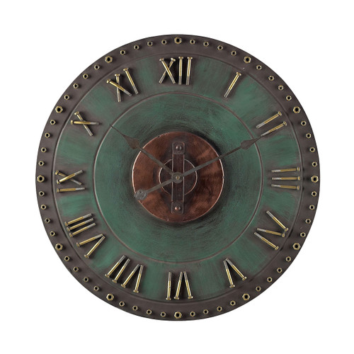 31.5" Rustic Green and Bronze Metal Roman Numeral Outdoor Wall Clock