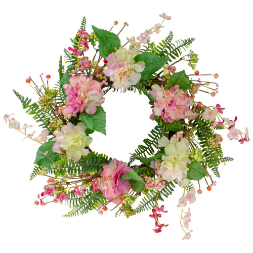 Hydrangea, Berry and Fern Artificial Spring Floral Wreath, Pink - 20-Inch