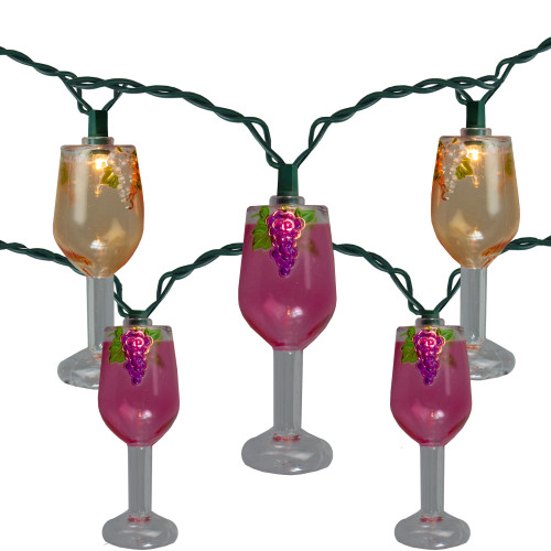 10-Count Pink and White Wine Glass Novelty Light Set - 9.75ft Green Wire