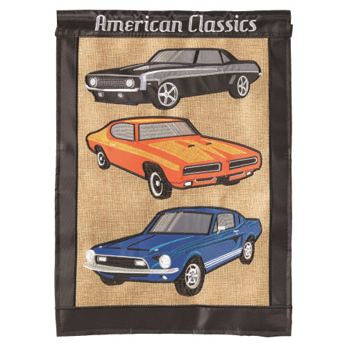 Black, Beige, Orange and Blue American Classic Cars Flag 13" x 18"
