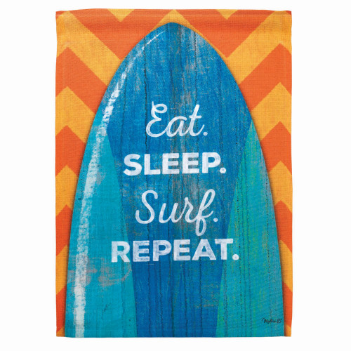 Blue and Orange Surfboard "Eat. Sleep. Surf. Repeat." Printed Outdoor Garden Flag 18" x 13"