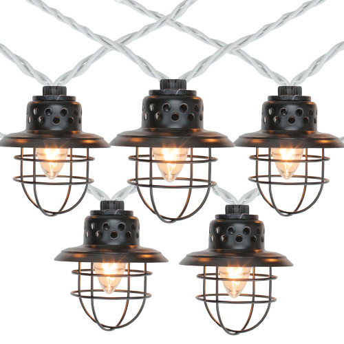 10-Count Black Caged Fisherman Lantern Patio String Light Set, 9' White Wire