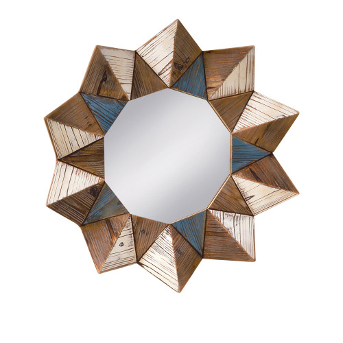 28" Blue and Brown Geometric Starburst Wooden Wall Mirror