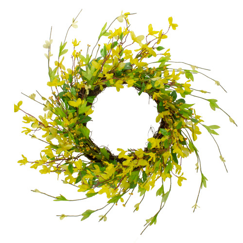 Forsythia and Leaves Artificial Spring Floral Wreath, Yellow - 20-Inch