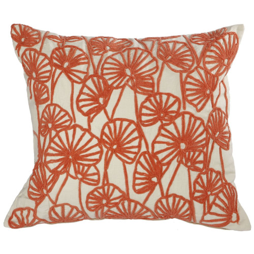 20" Cream White and Orange Floral Embroidered Rectangular Throw Pillow