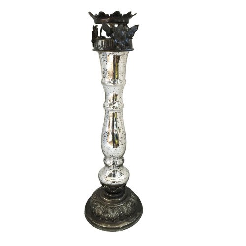 16" Silver and Black Vintage Style Tall Candle Holder