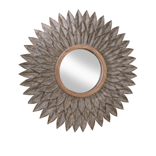 35.25" Beige and Clear Sunburst Round Wall Mirror