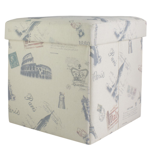 12" Decorative Vintage-Style Italy Travel Inspired Collapsible Square Storage Ottoman